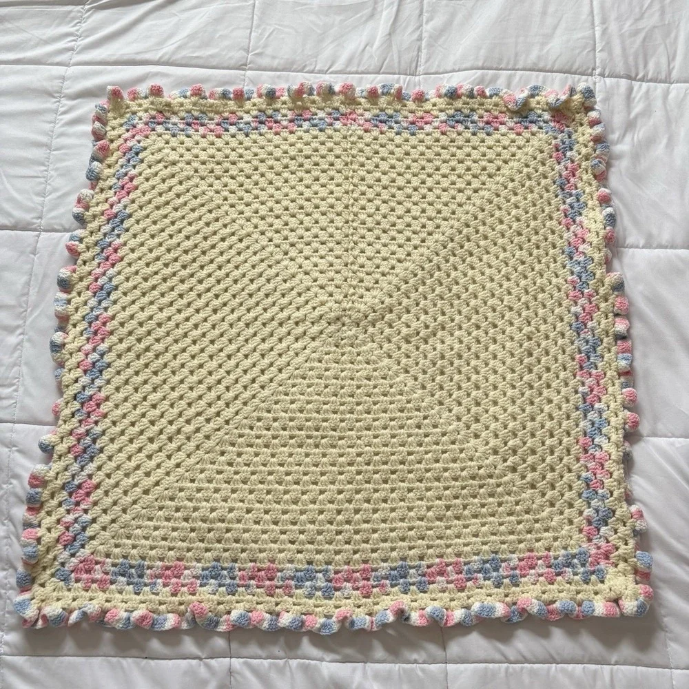 Vintage Handmade Pastel Crochet Baby Blanket Yellow Pink Nursery 34x34 Square‎